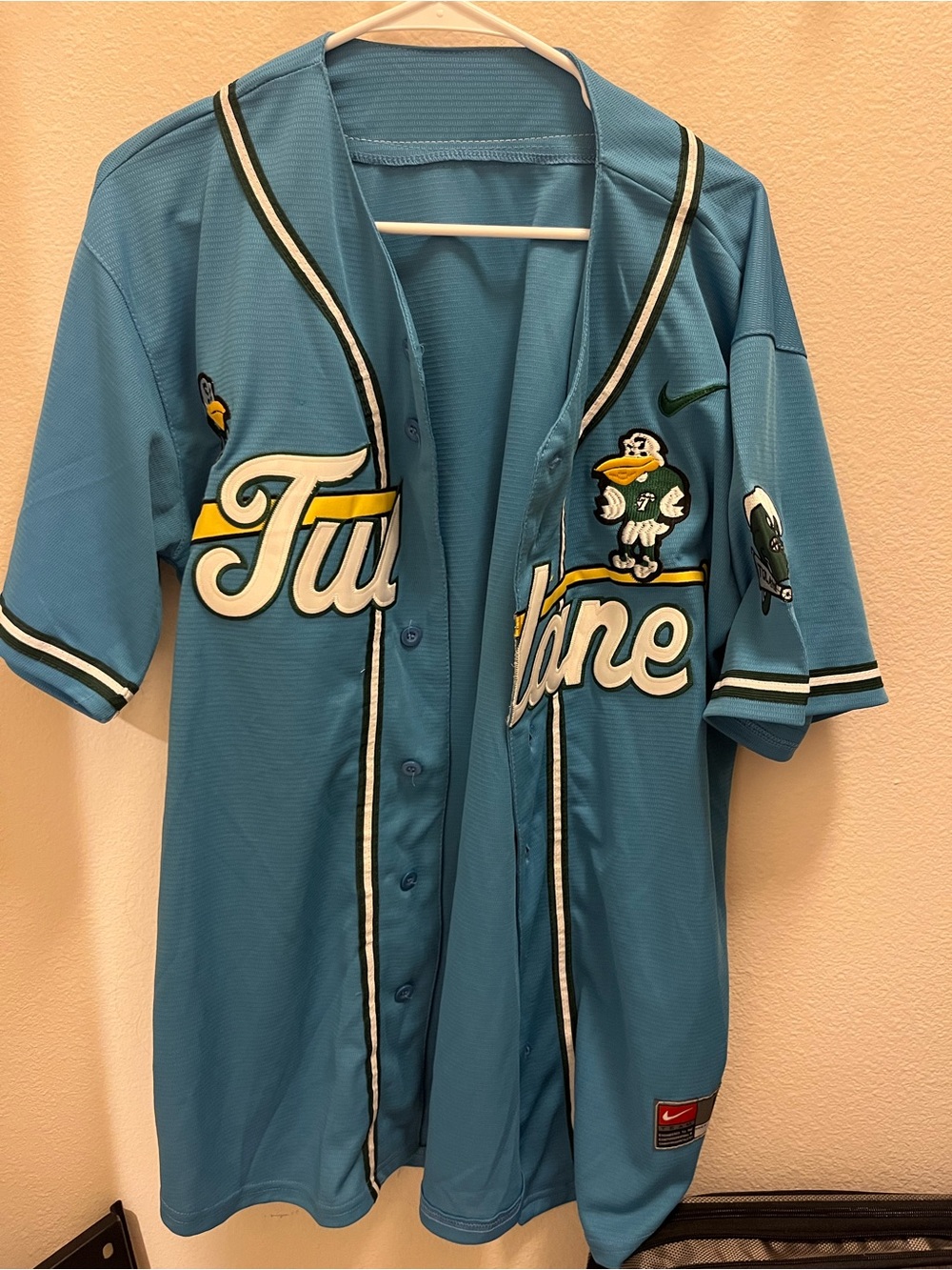 Blue Tulane Script Baseball Jersey with White & Yellow Accents